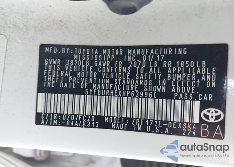 2017 Toyota Corolla L/Le/Xle/Se/Xse from USA, damaged, VIN 5YFBURHEXHP639960